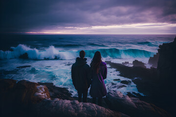 A couple stands on a cliff overlooking a vast ocean, with crashing waves below