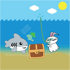 Shark  and Bunny Under the Sea Gold Treasure Illustration Detail