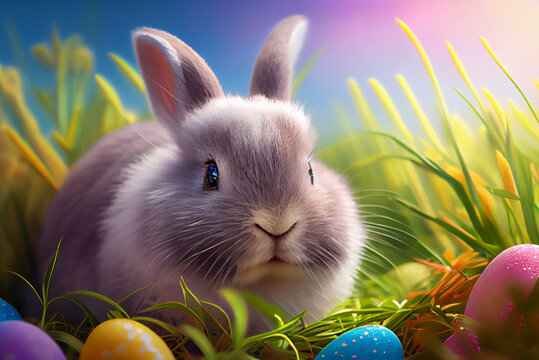 Easter bunny in the grass with painted eggs Generative ai