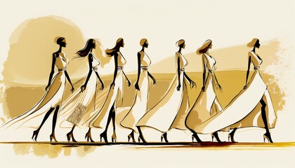 african female fashion show, models on a catwalk in the desert, watercolor illustration