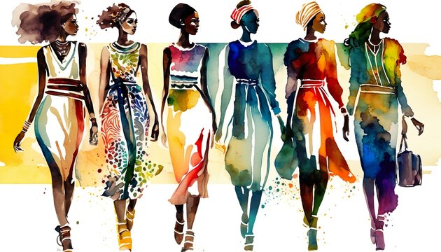 african female fashion show, multi-ethno models on a catwalk with colorful summer dresses, watercolor,  illustration. Generative AI