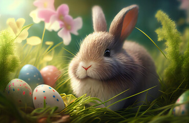 Easter bunny in the grass with painted eggs  Generative ai