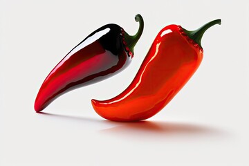 Two fiery red chili peppers on a white background. Generative AI