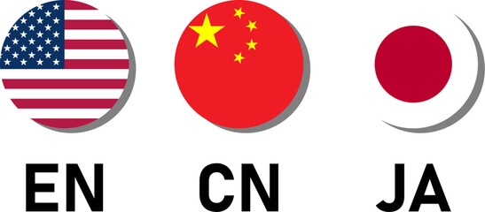 Round Flag Selection Button Badge Icon Set including USA United States of America, China and Japan Flags with Language Codes for English EN, Chinese CN and Japanese JA. Vector Image.