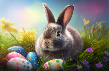 Easter bunny in the grass with painted eggs  Generative ai