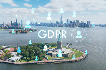 Aerial panoramic helicopter city view of Lower Manhattan, Downtown, New York, New Jersey, and Statue of Liberty. GDPR hologram, concept of data protection regulation and privacy for all individuals © VideoFlow