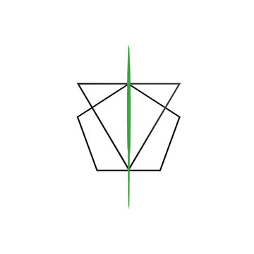 Two geometric figures and a green line are depicted in the center on a white background.