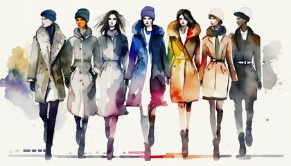 Fototapeta na wymiar winter female fashion show, models on a catwalk in a row, watercolor illustration, Generative AI