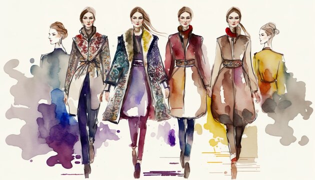 winter fashion week, models on a catwalk in a row, watercolor illustration, Generative AI