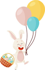 Obraz premium Bunny Character. Flying and Laughing on Three Balloons Funny, Happy Easter Cartoon Rabbit with Egg's Basket