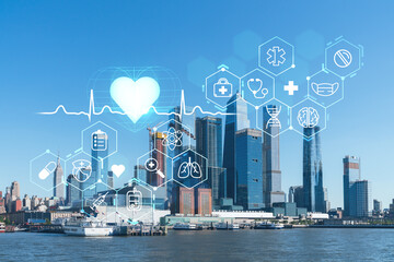 Fototapeta na wymiar New York City skyline from New Jersey over the Hudson River towards the Hudson Yards at day. Manhattan, Midtown. Health care digital medicine hologram. The concept of treatment and disease prevention