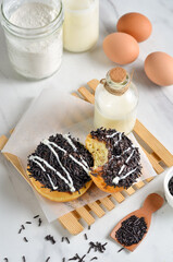 A Potato Donut made by a homemade recipe and many kinds of flavours like cheese, chocolate, and peanut.
