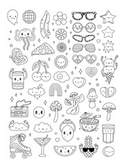 Positive, Groovy Hand drawn coloring page. Beautiful drawings with characters with blooming, flowers, smile, sunglasses, roller skate, cassette. Childhood 90s