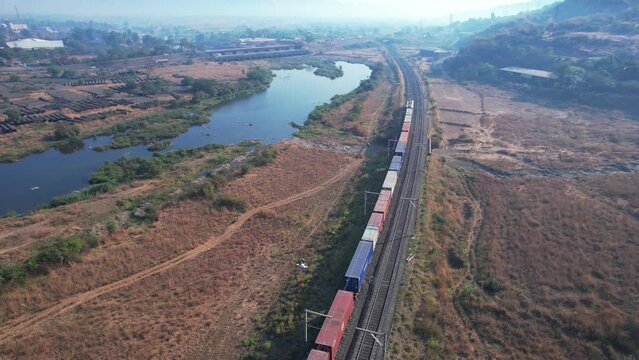 Drone footage of a container freight train at Kamshet near Pune India.