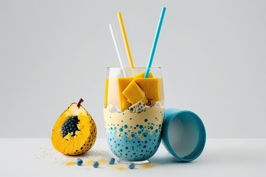 Smoothie made of mango, passion fruit, and pineapple, served in a glass with a straw and garnish, against a white background. Generative AI