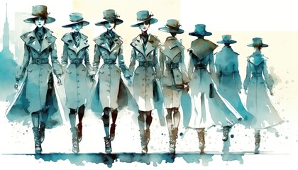 steampunk fashion show with hats and coats, blue  watercolor illustration