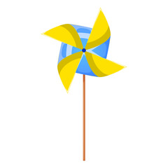 Pinwheel air toy icon. Yellow Blue windmill star. Colorful plastic or origami kid toy on stick. Childhood educational and mental summer playing. Flat vector illustration isolated on white background