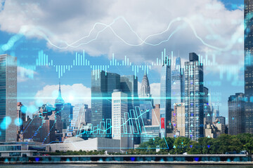 Fototapeta na wymiar New York City skyline, United Nation headquarters over East River, Manhattan, Midtown at day time, NYC, USA. Forex graph hologram. The concept of internet trading, brokerage and fundamental analysis
