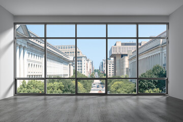 Empty room Interior View Cityscape Washington City Skyline Window background. Beautiful Real Estate. Day time. 3d rendering.