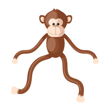 Softly brown monkey toy. Teddy ape with cute and long hands and legs. Jungle wild animal kids toy icon. Childhood playing and love birthday gifts. Flat vector illustration isolated on white background
