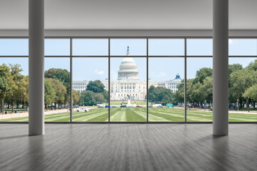 Empty room Interior View to Capitol Dome Cityscape Washington City Skyline Window background. Beautiful Real Estate. Day time. 3d rendering.