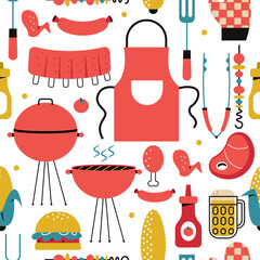 BBQ elements vector cartoon seamless pattern background for wallpaper, wrapping, packing, and backdrop.