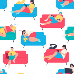 People on the couch vector cartoon seamless pattern background for wallpaper, wrapping, packing, and backdrop.
