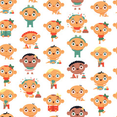 Cute baby vector cartoon seamless pattern on a white background.