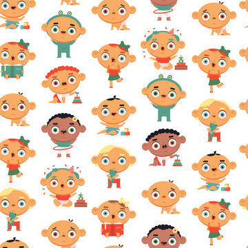 Cute baby vector cartoon seamless pattern on a white background.