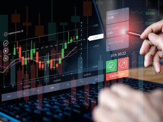 Businessman or trader analysis stock chart or graph in trader digital market using digital pen. Virtual chart on black background, Financial and banking investment. Stock chart analysis concept.