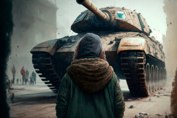 young girl in front of a tank looking for peace in a city at war, generative ai