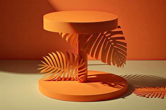 shadow of palm tree leaves on an orange background; podium on a pedestal. Mockup for showcasing cosmetics, skincare, and other summertime beauty products. Subtle minimalistic artwork of a natural Hall