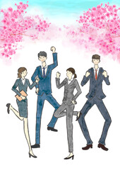満開の桜を背景に笑顔の新卒社員フレッシャーズのいる手描きイラスト