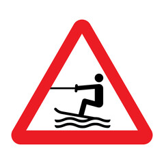 Water skiing sign. Vector illustration of red triangle warning sign with man on water skiing icon inside. Water sports , wakeboarding, banana craft. Towed water activity area.