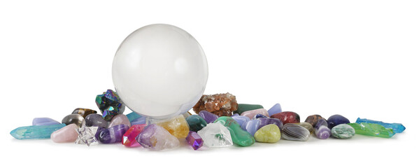 Multicoloured Healing Crystals and large crystal ball Background Banner isolated transparent png...