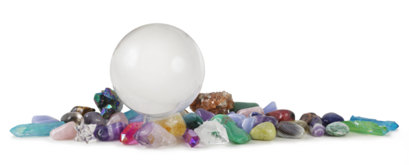 Multicoloured Healing Crystals and large crystal ball Background Banner isolated transparent png file
