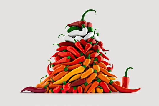 Chili peppers, often spelled chilli peppers, chille peppers, or just peppers, in various hues, piled high and isolated on white. Generative AI