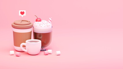 3d Render of Cups of Coffee on Pink Background. Hot Beverages - Cappuccino, Coffee and Tea. Hot Chocolate with Marshmallows 