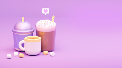 3d Render of Cups of Coffee on Purple Background. Hot Beverages - Cappuccino, Coffee and Tea. Hot Chocolate with Marshmallows 