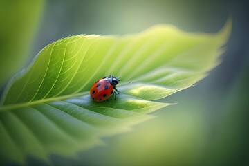 The background of a ladybug's green leaf is blurry. Generative AI