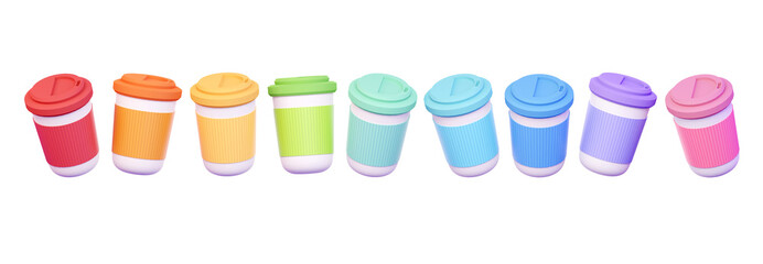 3d Render of Paper Coffee Cups. Rainbow Colored Cups Isolated on White Background Floating in Line