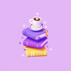 3d Render of Office Icon. Books and Cup of Coffee Isolated on Purple Background