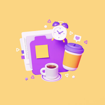 3d Render of Office Icon. Folder, Cup of Coffee and Clock Icon Isolated on Yellow Background