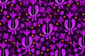 Seamless watercolor pattern in folk style on a dark background. Bright elements of stylized flowers and herbs, with golden fragments. Fabrics, textiles, wrapping paper.