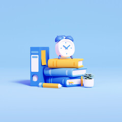 3d Render of Alarm Clock Standing on Book Pile. Office Icon Isolated on Sky Blue Background