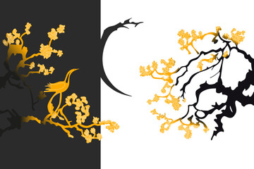 Chinese tree on a black and white background with a crane. Chinese sacura vector illustration. Day night cover. 
