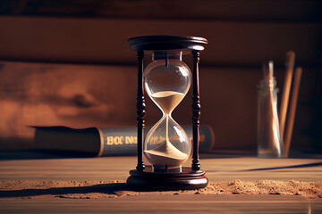 Sand running through the bulbs of an hourglass measuring the passing time in a countdown to a deadline. AI Generated - obrazy, fototapety, plakaty