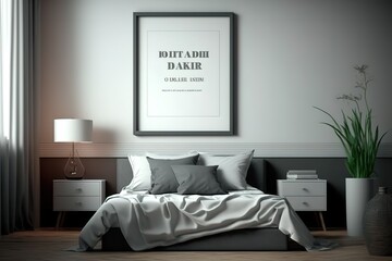 Blank frame mock up in modern bedroom interior in gray tones, 3d rendering