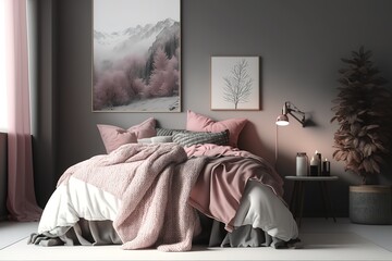 Blankets in pink and grey, a carpet, and posters decorate a modest bedroom with copy space on a white wall