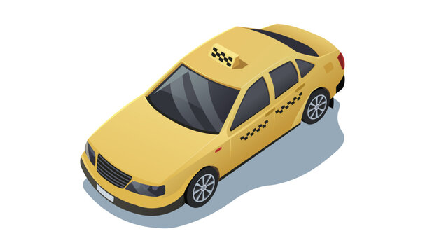 Taxi service transport icon. Yellow Checker taxi cab. Isometric view of New York transportation vehicle. 3d design of automobile transport. Single image of sedan travel delivery. Vector illustration